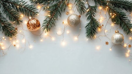 Clean white minimalist Christmas background with pine decor.