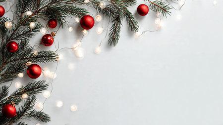 Contemporary minimalist Christmas background featuring pine branches and fairy lights.