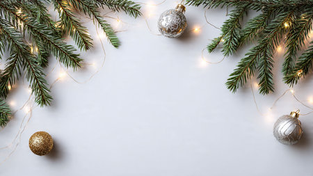 Premium minimalist Christmas background featuring pine branches and soft lights.