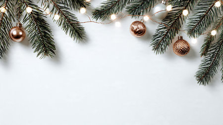 High-resolution minimalist Christmas background with natural pine branches, subtle ornaments, and glowing fairy lights on white.の写真素材