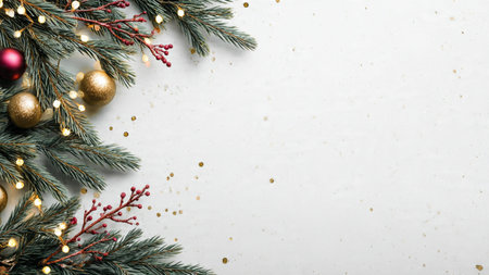 Contemporary Christmas background with pine branches and clean white layout.の写真素材