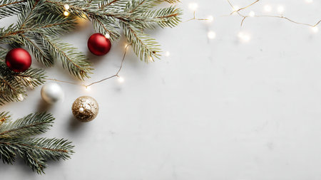 High-quality modern holiday background with pine greenery and soft glowing lights.