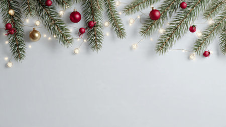 Clean Christmas background with minimalist pine decor and lighting.