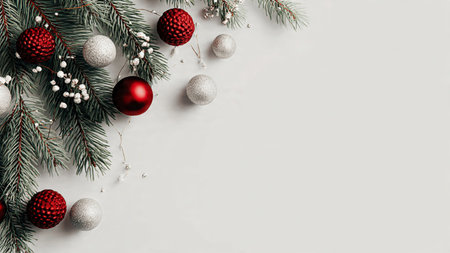 High-resolution minimalist Christmas background with pine branches, ornaments, fairy lights, and clean white space for text.の写真素材