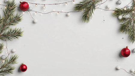 High-resolution modern background with pine greenery and fairy lights.の写真素材