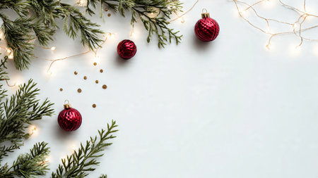Clean minimalist Christmas background with natural pine greenery and ornaments.の写真素材