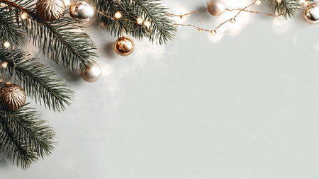 Elegant clean holiday background with pine branches and ornaments.の写真素材