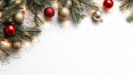 Elegant clean Christmas background with pine branches and subtle lighting.の写真素材