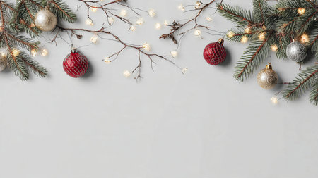 Simple white Christmas background accented with pine branches.の写真素材