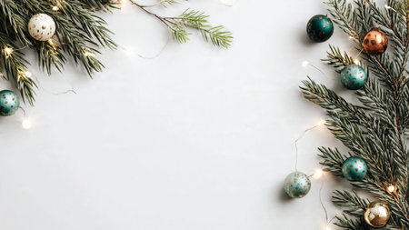 Minimalist Christmas design with modern ornaments and greenery.の写真素材