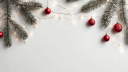 Modern minimalist background with pine decorations and white layout.の写真素材