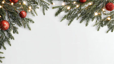 High-quality modern festive background with pine decor and fairy lights.