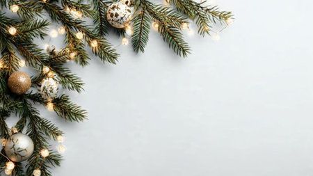Clean and modern Christmas background showcasing pine branches, ornaments, fairy lights, and empty white space for text.の写真素材
