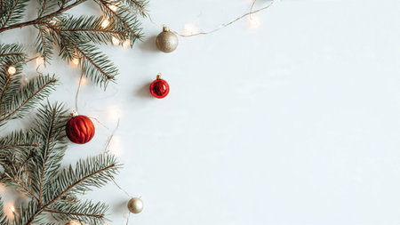 High-quality minimalist Christmas background with subtle pine decorations.の写真素材