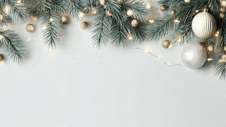 High-quality minimalist festive background with pine greenery and subtle ornaments.