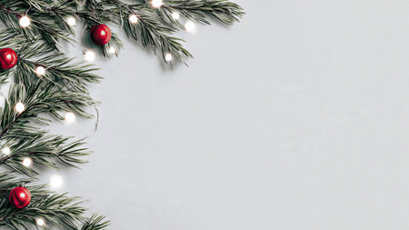 High-resolution minimalist Christmas background with pine branches, ornaments, fairy lights, and...