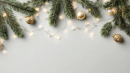 Clean and modern holiday background with pine branches and lights.の写真素材