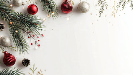Modern Christmas background with pine branches, ornaments, and white space for typography.