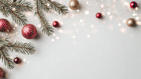 Minimalist holiday background showcasing pine branches and ornaments arranged around clean white...