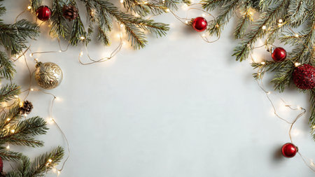 Minimalist Christmas background featuring natural pine elements.