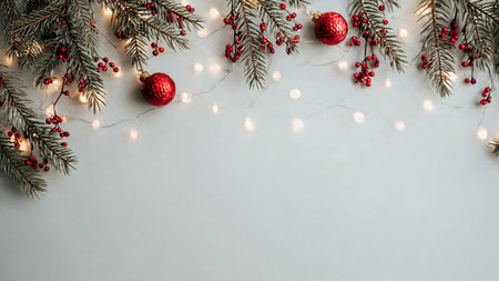 Modern festive background with pine branches, ornaments, and soft fairy lights.の写真素材