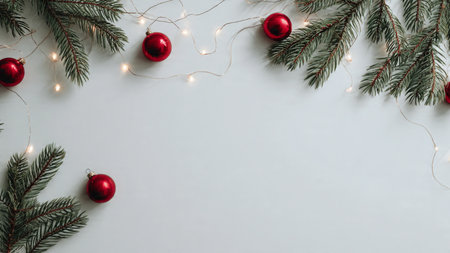 Minimalist festive background featuring pine branches, ornaments, and empty space for holiday text.