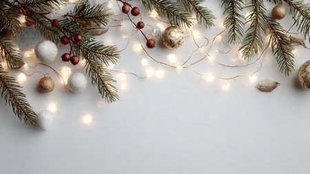 Modern holiday background design featuring pine branches, warm fairy lights, and minimal Christmas ornaments.の写真素材