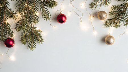 Elegant modern Christmas background with pine greenery and subtle ornaments.