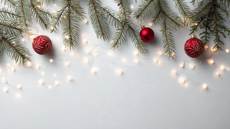 Elegant modern Christmas background with pine greenery and subtle ornaments.