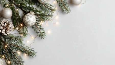 Simple minimalist holiday background with pine branches and fairy lights.