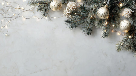 Modern winter holiday background with pine branches and subtle lighting.の写真素材