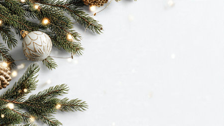 Clean Christmas background with modern styling, pine branches, fairy lights, and minimal festive decorations.の写真素材