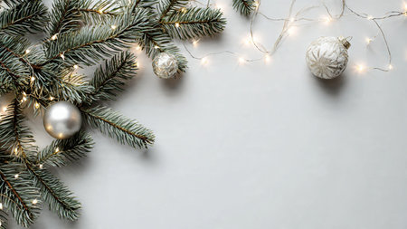 Modern minimalist Christmas background with pine branches, elegant ornaments, fairy lights, and...