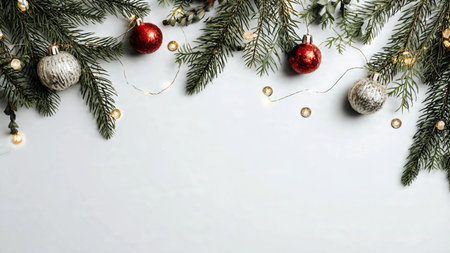 Clean modern Christmas background with pine branches and subtle ornaments.