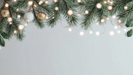 Contemporary clean Christmas background with pine branches and lighting.