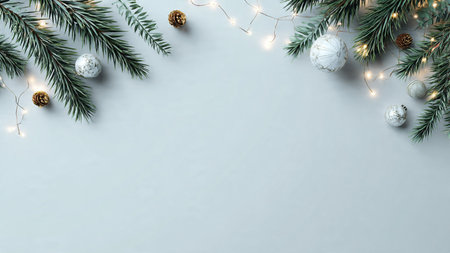 Minimalist Christmas background with pine branches, modern ornaments, soft fairy lights, and clean white space for text in high resolution.の写真素材