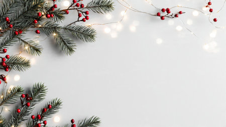 High-resolution holiday background with pine branches and clean composition.の写真素材