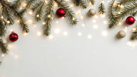 Clean and bright Christmas background with natural pine branches and ornaments.の写真素材