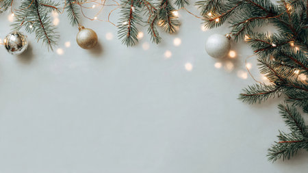 Minimalist festive background with pine greenery and decorative fairy lights.の写真素材
