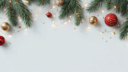 Clean minimalist Christmas design featuring natural pine branches on white.の写真素材