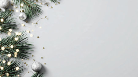 Minimalist Christmas background featuring pine branches, elegant ornaments, soft fairy lights, and clean white space for text in a modern high-resolution design.の写真素材