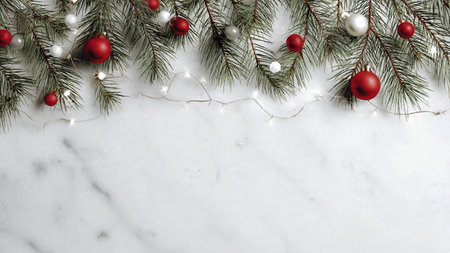 Premium minimalist Christmas background featuring pine branches and soft lights.