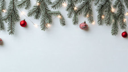 Clean modern Christmas background with pine greenery and blank text area.の写真素材