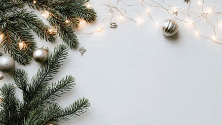 Elegant minimalist Christmas backdrop with pine branches and glowing lights.の写真素材