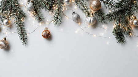 Clean white Christmas background accented with pine branches, ornaments, and fairy lights.の写真素材