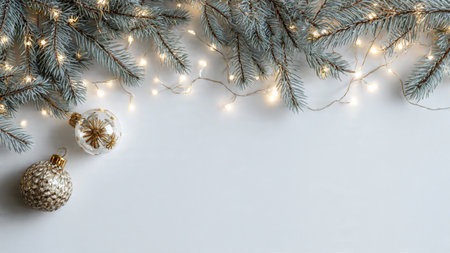 Clean Christmas background with minimalist pine decor and lighting.