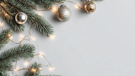 Clean minimalist Christmas background with natural pine greenery and ornaments.