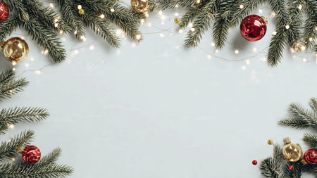 Simple minimalist holiday background with pine branches and fairy lights.の写真素材