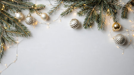 Elegant holiday background with pine greenery, ornaments, and fairy lights in modern style.の写真素材