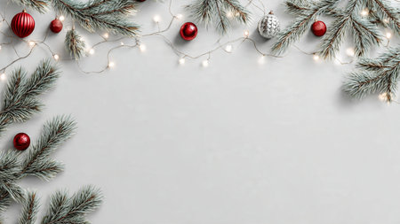 Modern Christmas background design with pine branches, delicate ornaments, glowing fairy lights, and empty white space for text.の写真素材